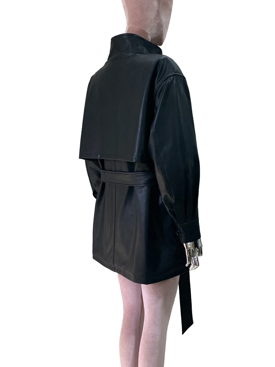 Trench da donna in morbida pelle PU nera antivento primavera autunno per donna con colletto alla coreana allentato casual di lusso moda passerella 2025