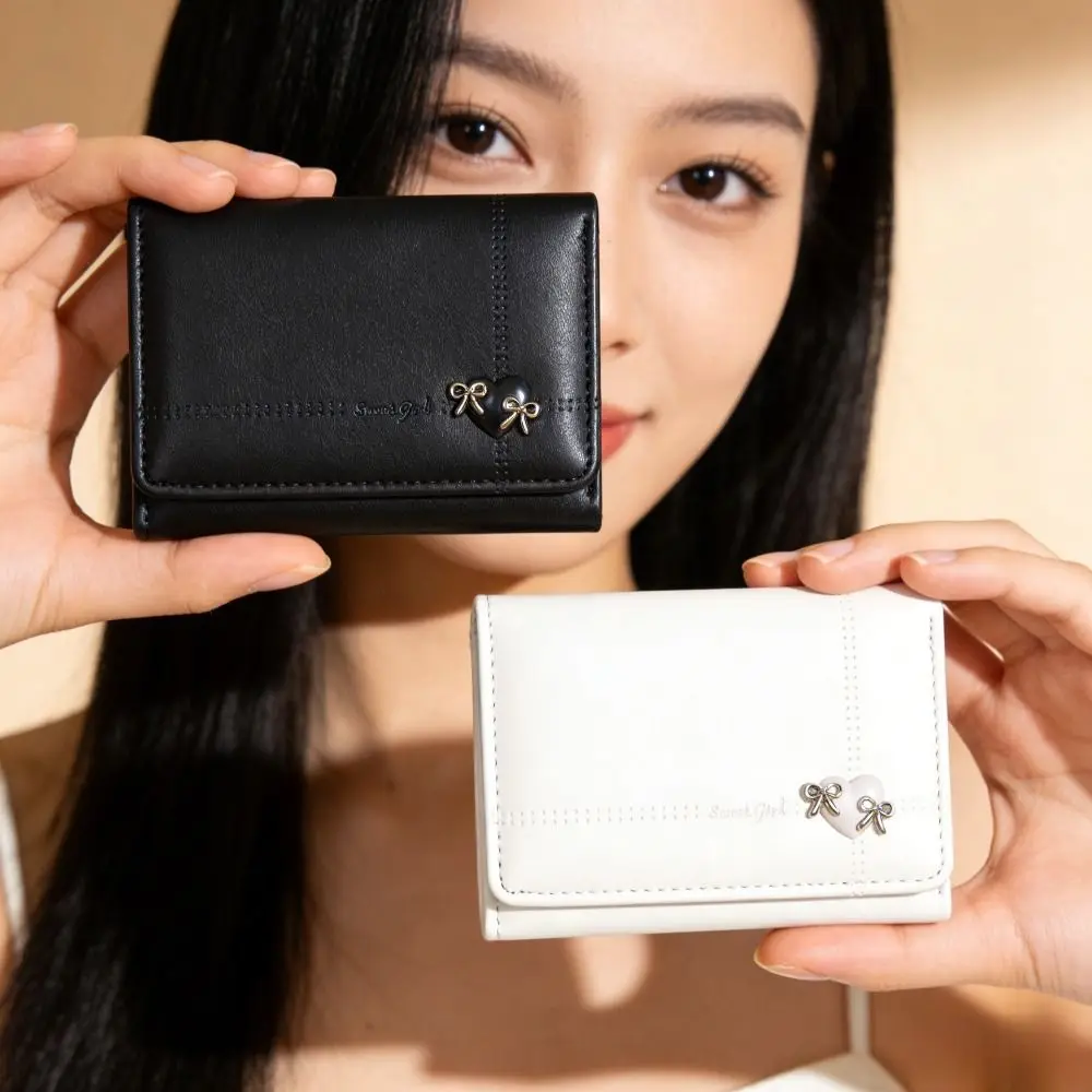 Heart-Shaped Bow Design Tri-fold Short Wallet PU Leather Multiple Card Slots Money Bag Foldable Multipurpose Coin Purse