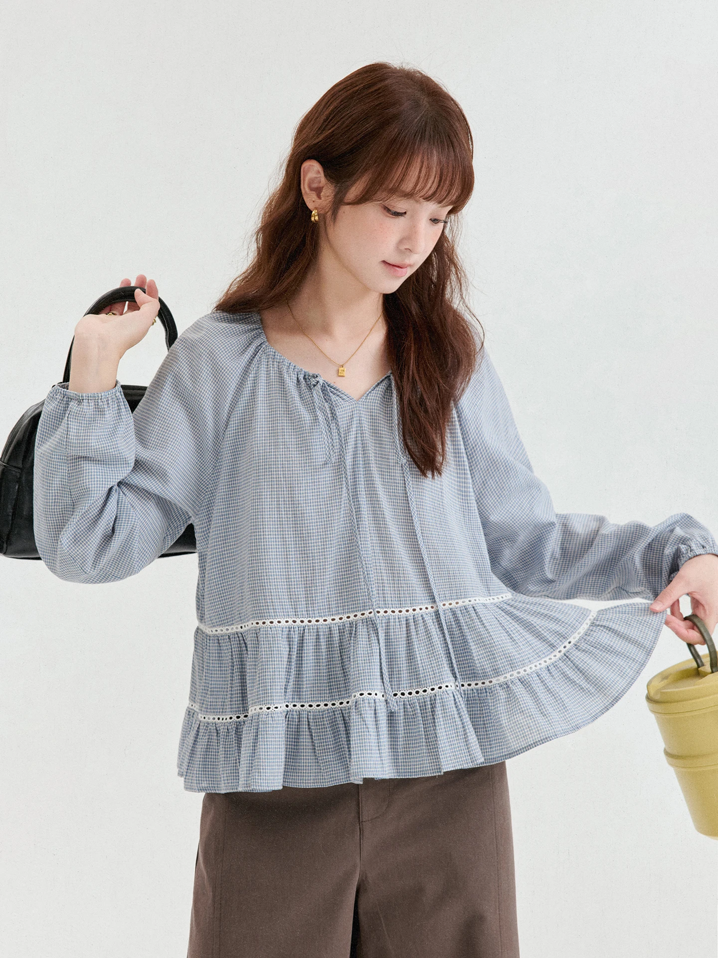 AMUU Original Drawstring V-Neck Hollow out Short Sleeve Long Shirt Women's Autumn New Style Korean Style Loose Fit Shirt