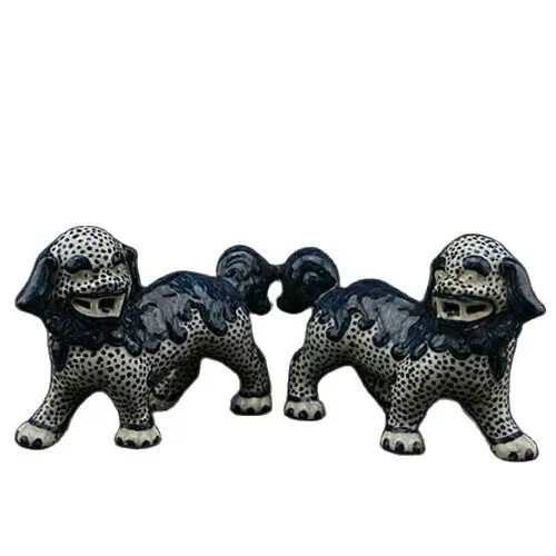 6.3 "الصينية جينغدتشن الأزرق الأبيض الخزف فو فو الكلب الحرس تمثال الأسد زوج #1