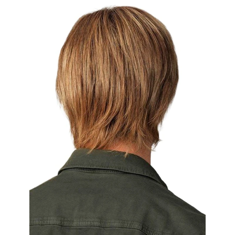 European and American men's short straight hair , golden-brown side-swept bangs wig