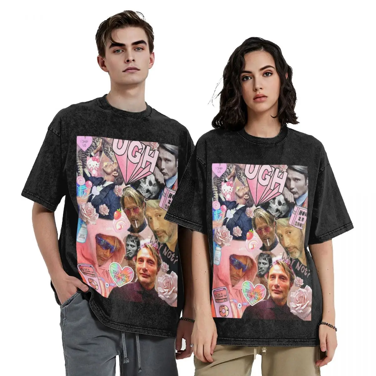 Mads Mikkelsen Collage Greeting Card36 Hip Hop Short Sleeve T-Shirts Washed Tops Tees Streetwear T Shirt Oversized for Men woman