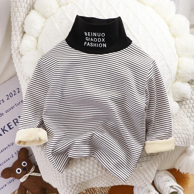 Neue Herbst Winter Baby Jungen Mädchen verdicken gestreifte Langarm T-Shirt Tops Kinder Kinder Roll kragen pullover weichen warmen Boden Shirt