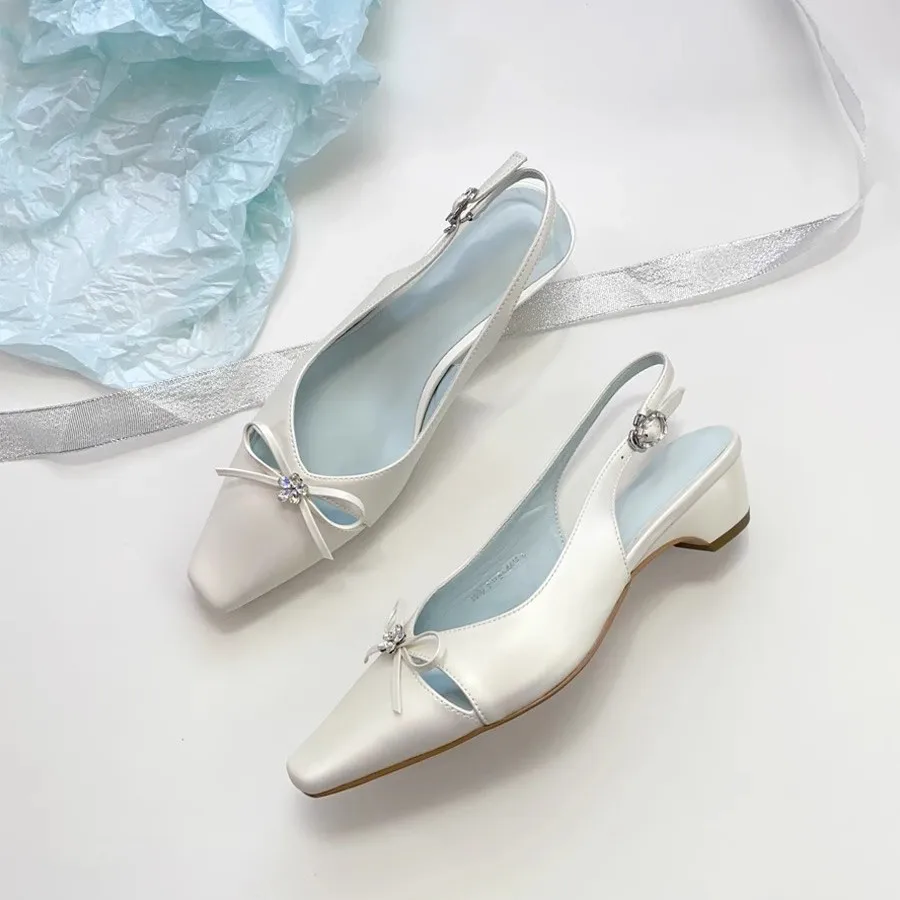 

Women Rhinestone Bow Decoration Flat Shoes Thick Heel Toe Sandals Square Toe Mary Jane Style Women Shoes Comfortable Fashion