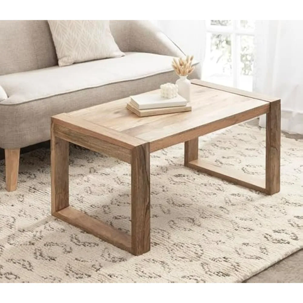 Table basse rectangulaire géométrique avec motif en bois de mangue massif épais, plateau en bois, 36x20x18, naturel