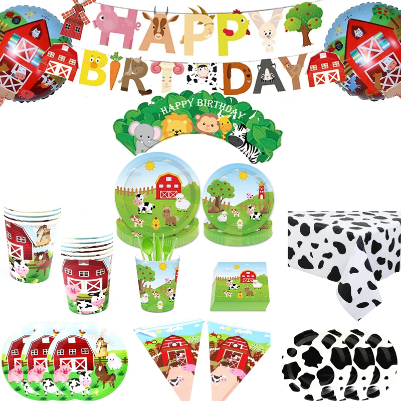 Farm Cow Theme Birthday Party Animal Party Cow Decoration Disposable Cups Plates Flags Tablecloth Baby Shower Balloon Decoration