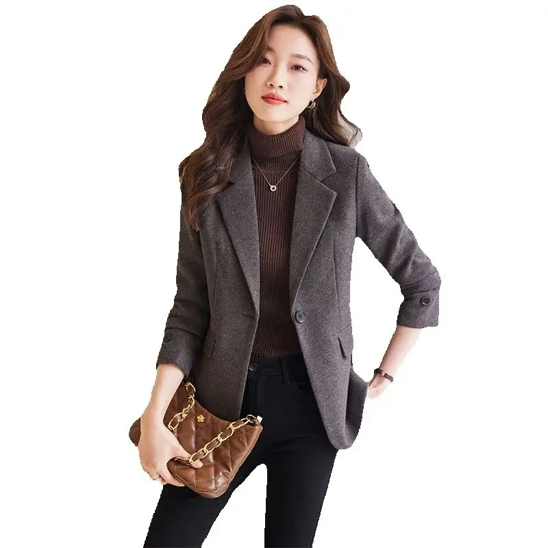 

Autumn Winter Women Blazer Ladies Single Button Long Sleeve Woolen Suit Jacket Loose Formal Coat Female Outerwear Casual Tops
