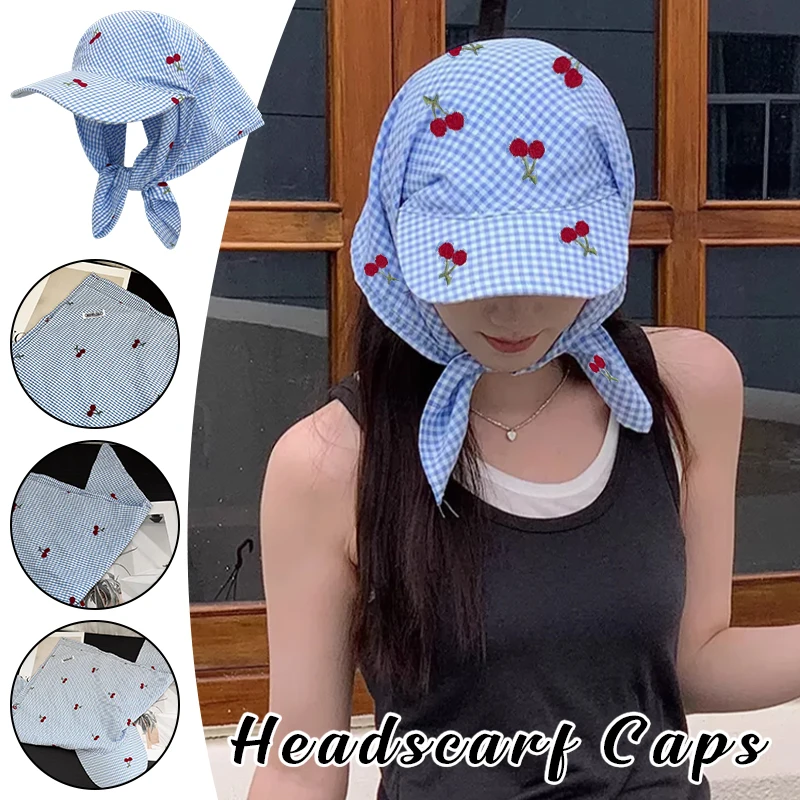 

2025 корейская летняя вишневая вышитая клетчатая шляпа с платком, женская пляжная тонкая модная солнцезащитная кепка с изогнутыми полями