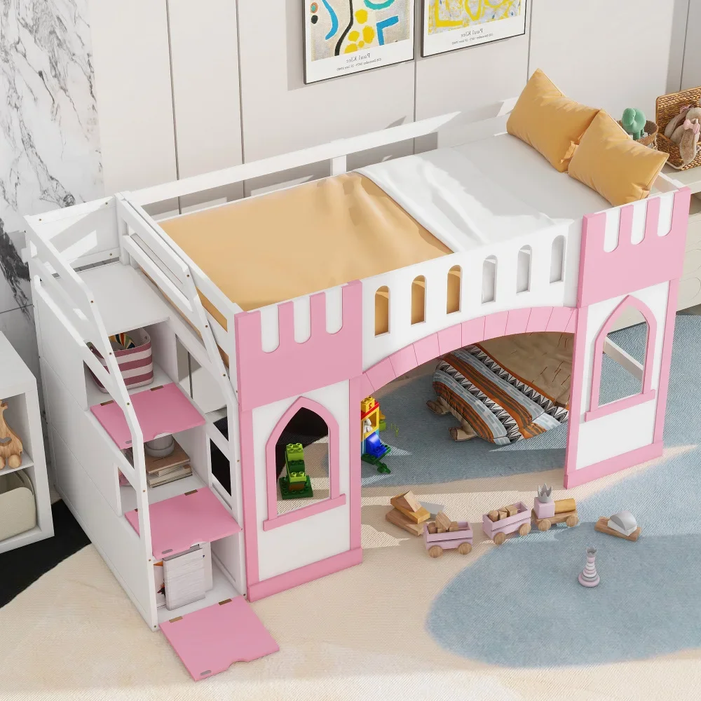 Children Beds Twin Size Loft Bed with Storage Staircase and Window, Pink Kids Bed for Girls Loft Beds Bunk Bed Kids Furniture US