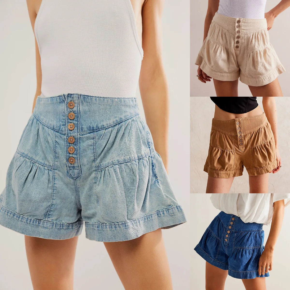 

Denim Shorts Knee Length Women Shorts Zipper Fly Solid Button Spliced Pockets Casual Distressed Mid Waist Loose Washed 2025