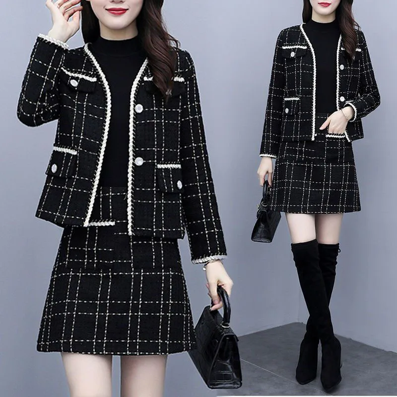 Women\'s Tweed Coat and Skirt Set, Oversized Female Dress Suit, Professional, Casual, Tide, Black, 5XL, New, Spring, Autumn