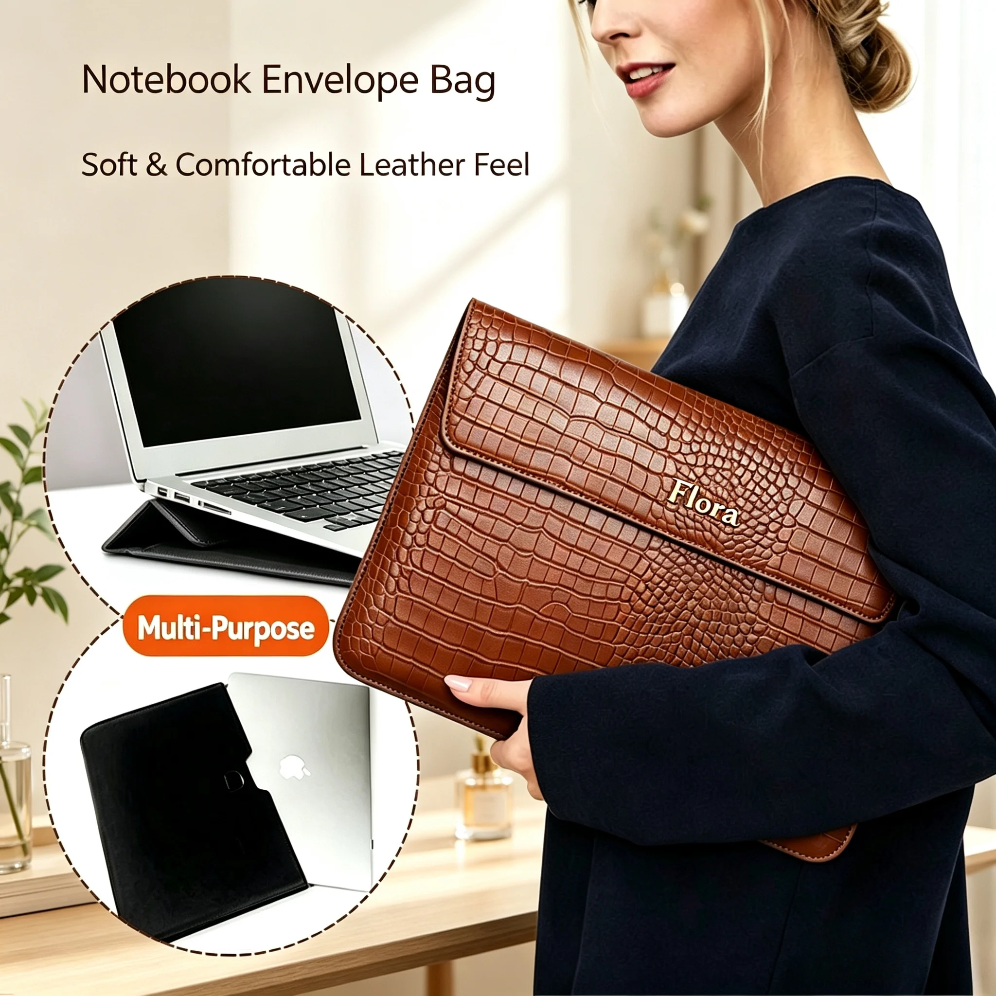 Customized Letter Crocodile PU Leather Men's Laptop Case Bag 13.3/15.4 Pro Laptop Stand Cover Case, Unisex, Shockproof Durable