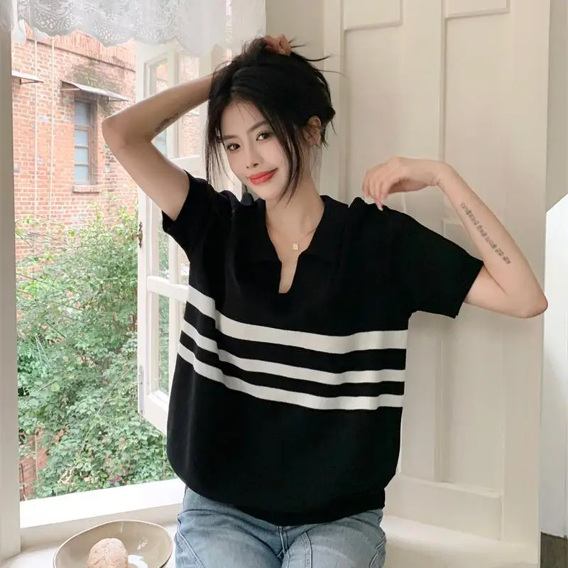 Fashion Lapel Casual Short Sleeve Knitted Striped Blouses Female Clothing 2024 Summer New Loose All-match Tops Sweet Shirts