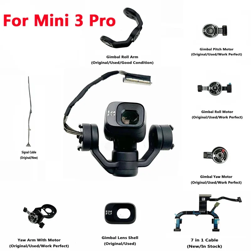 Peças de cardan para dji mini 3 pro câmera braço de rolo de curvatura com motor cabo ptz amortecedores de borracha peças de reparo de bola