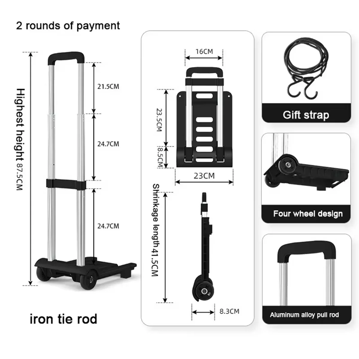 

New Sturdy Folding Hand Truck, Portable Luggage Cart, Utility Hand Truck for Shopping, Household & Trailers
