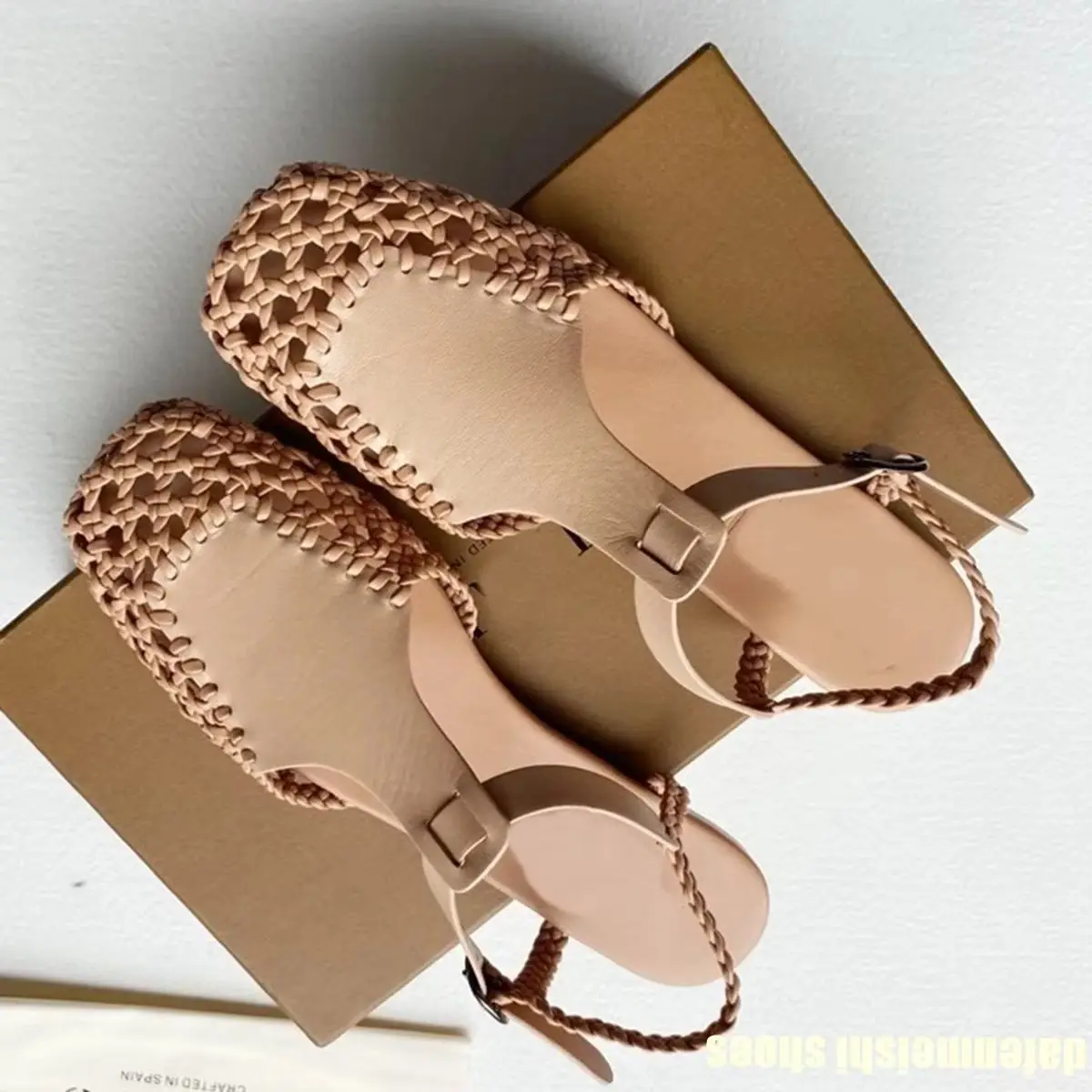 

Flat Genuine Leather Woven Sandals Women's Hemp Rope Square Toe Summer Roman Shoes Singback Solid Color Fashion Shoes