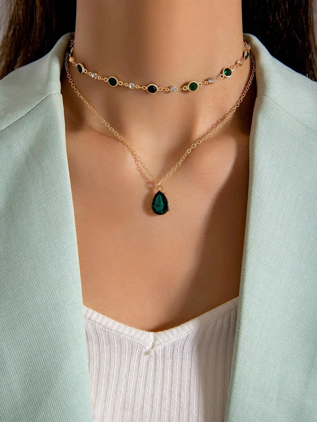 

imoli 2pcs/set Gorgeous Alloy Geometric & Circular Rhinestone Chain With Waterdrop-shaped Pendant Necklace For Women's Evening Party Gift (handmade Chain Cut According To Size, Number Of Rhinestones Is Not Fixed)