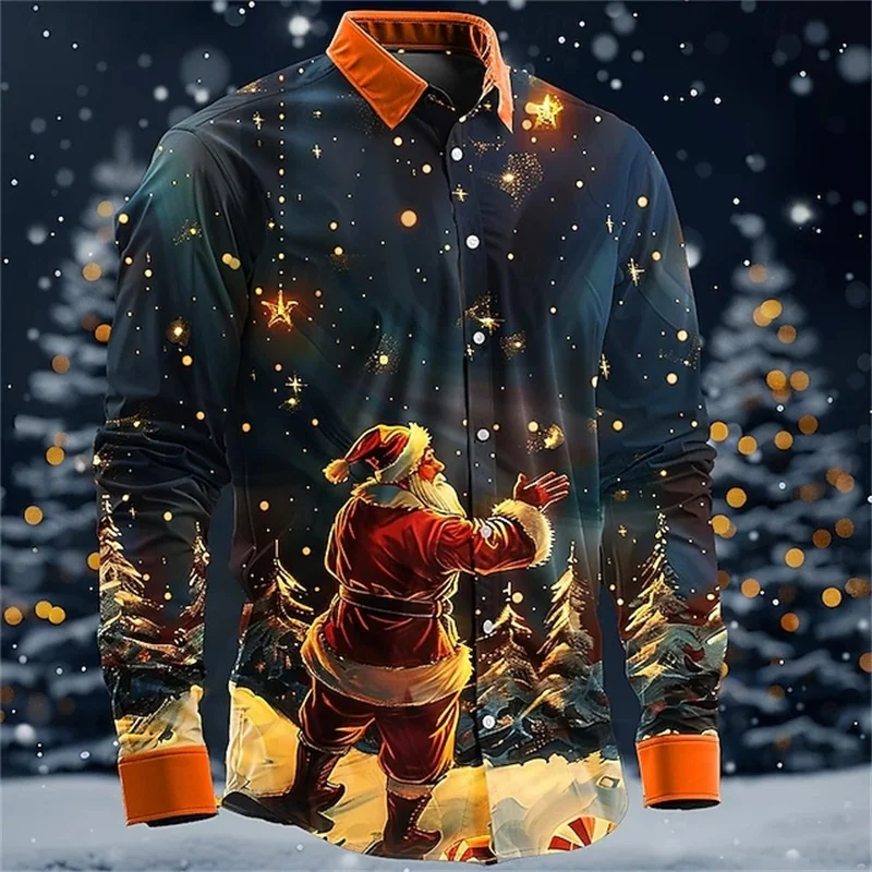 3D Printed Santa Claus Hawaiian Shirts For Men Merry Christmas Pattern Aloha Shirts Casual Loose Long Sleeve Lapel Tops Blouse