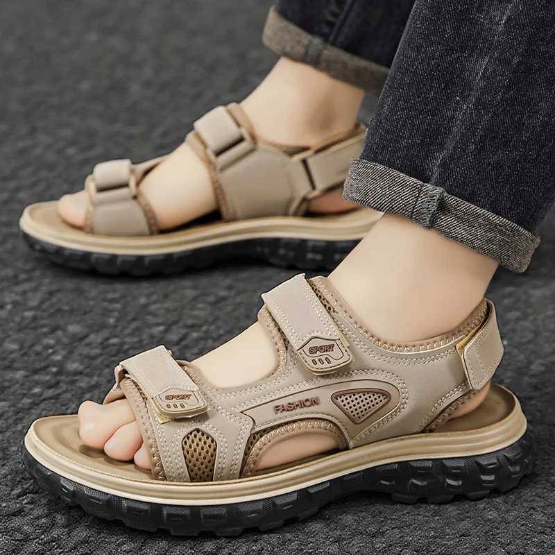 Men's Outdoor Non-Slip and Wear-Resistant Casual Beach Sandals with Double Velcro Straps, Suitable for Beach, Camping, Hiking, S