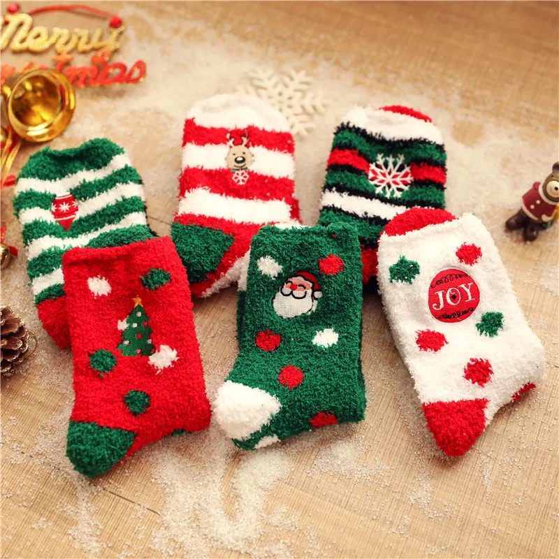 

High Quality Velvet Sock Thick Striped Patchwork Color Winter Autumn Santa Claus Coral Fleece-Sock Hosiery Christmas Fluffy-Sock