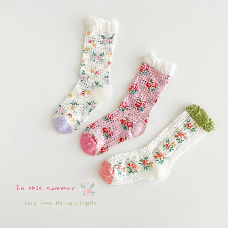 Chaussettes fines en coton et dentelle pour bébé, 3 paires, motif de fleurs, princesse, pour fille, collection printemps et été