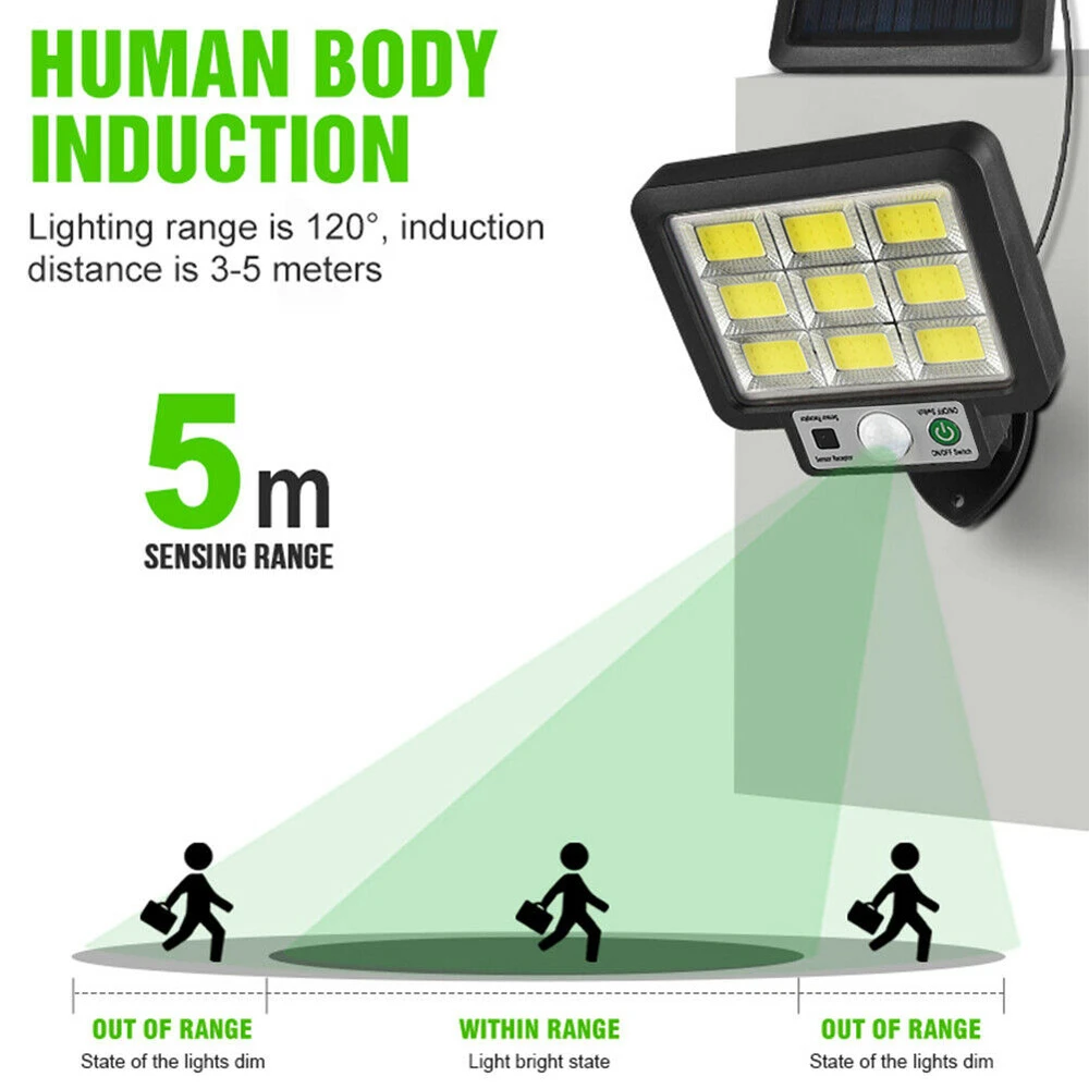 Solarne światła LED Zewnętrzny wodoodporny czujnik ruchu 3 tryby 108/117COB Solarna lampa ścienna z powodzią Uliczny ogród Ganek Światło garażowe