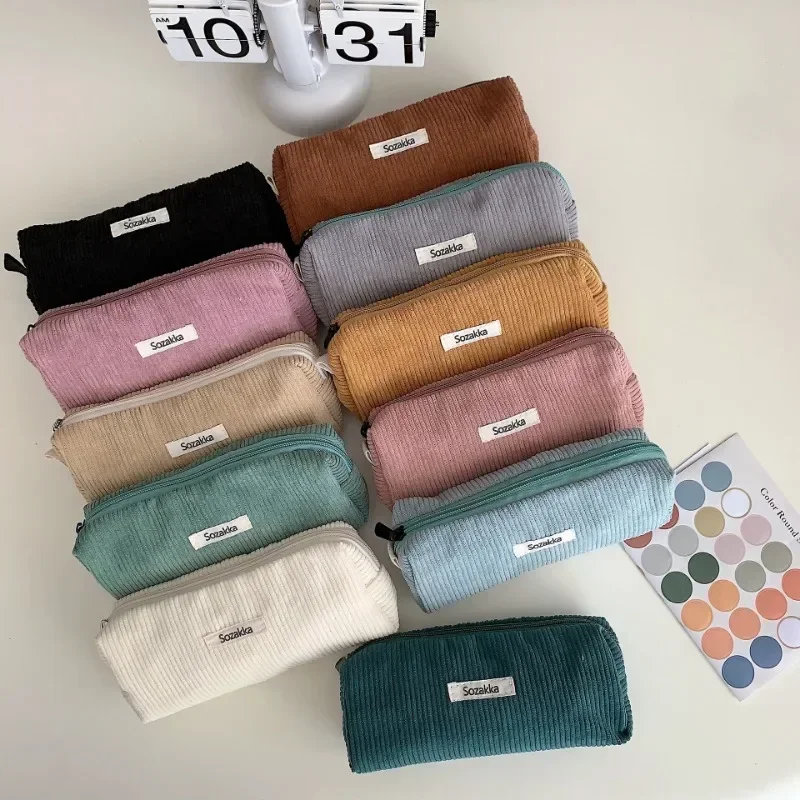 Tas tangan wanita Corduroy, tas kosmetik bergaris warna, tas cuci wanita, kantung kosmetik perjalanan, tas penyimpan kecantikan, tas genggam pengatur rias wajah