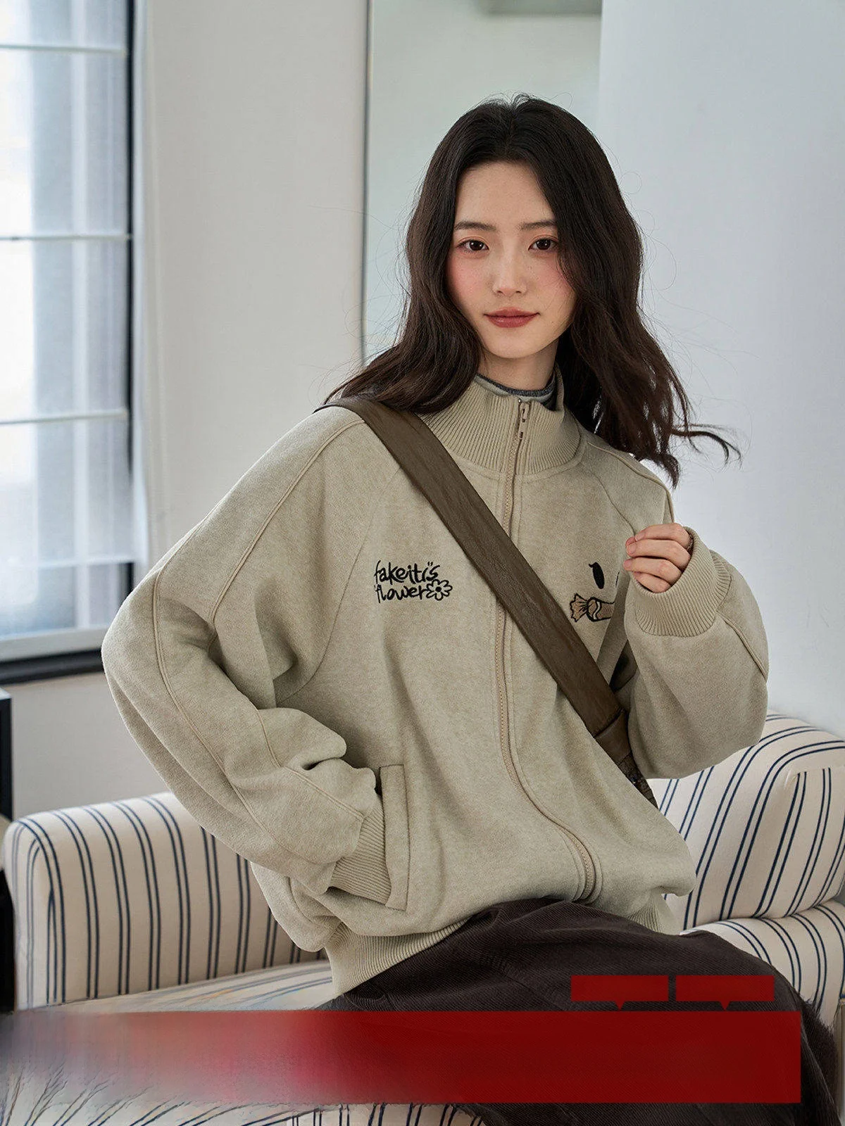 

MoZao тяжелый свитер на молнии с вышивкой, женский кардиган на подкладке, Thiened, зимний бейсбольный джемпер, топ