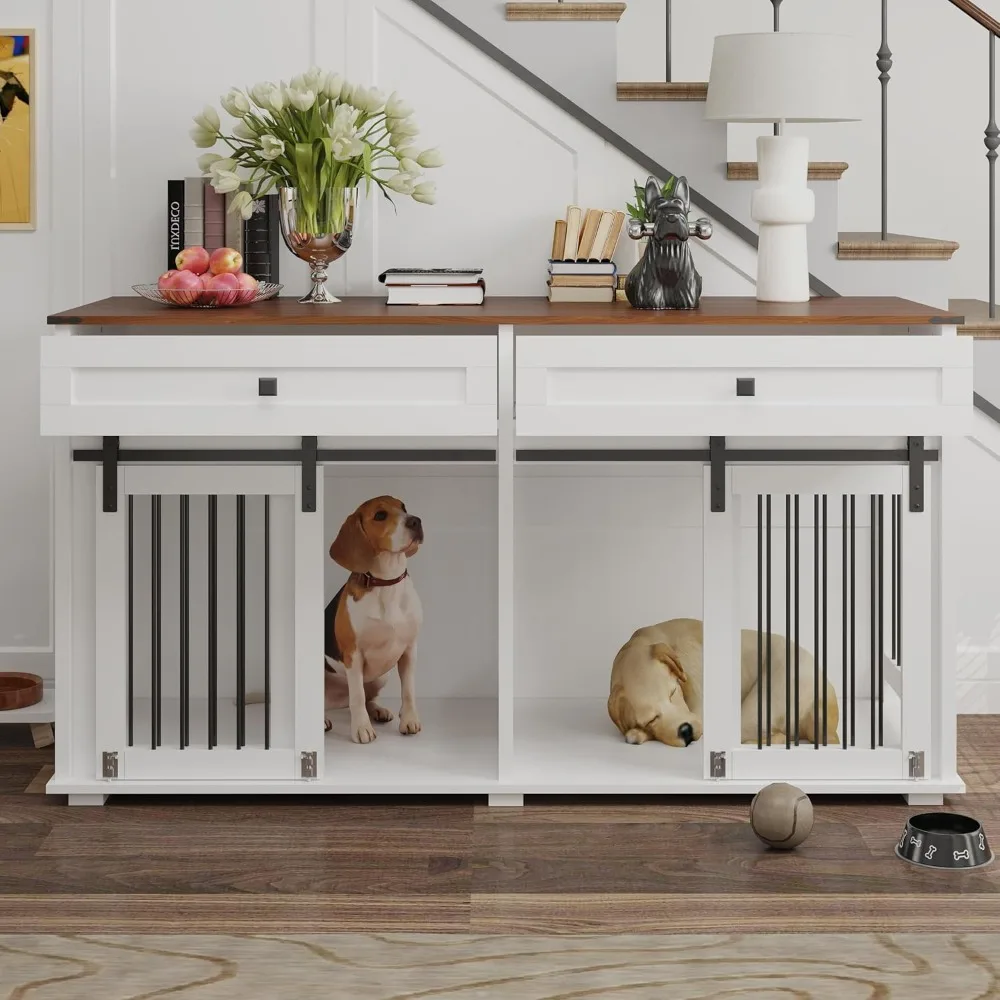 

63" Large Furniture Style Dog Crate, Wooden Dog Kennel with 2 Drawers,Divider and Sliding Door, Water Resistant Indoor Pets