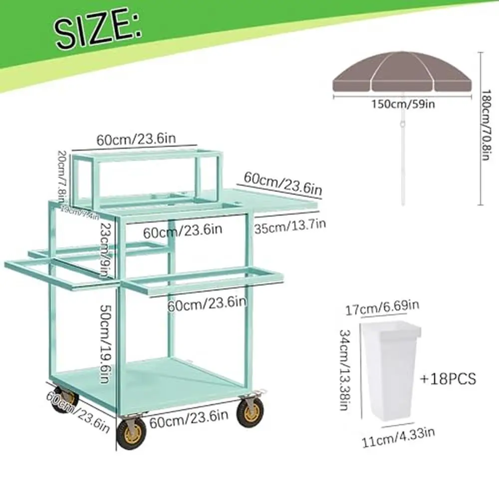 Metal Flower Cart Display Stand with 3 Tier Plant Rack Foldable Workbench Parasol and Universal Wheels