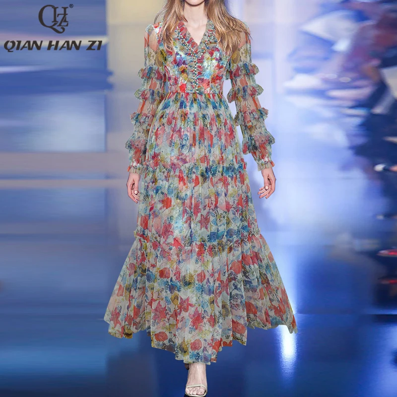 

Qian Han Zi 2022 Summer Designer Fashion long Dresses for women V neck beaded vintage mesh print Flounced edge maxi dress