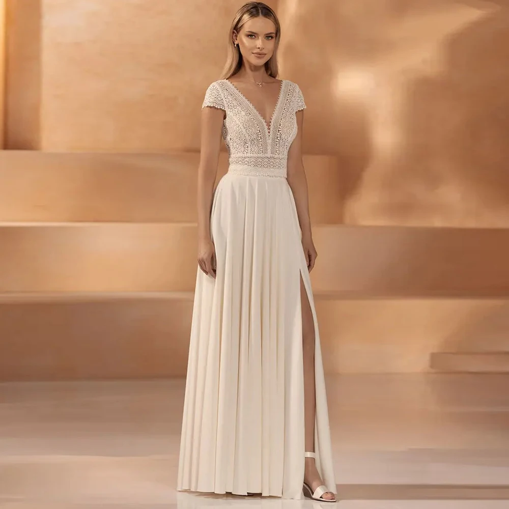 

Classic Lace V-Neck Wedding Dress with Side Slit Customized Women A-line Jersey Short Sleeved Bridal Gowns Floor Length Backless