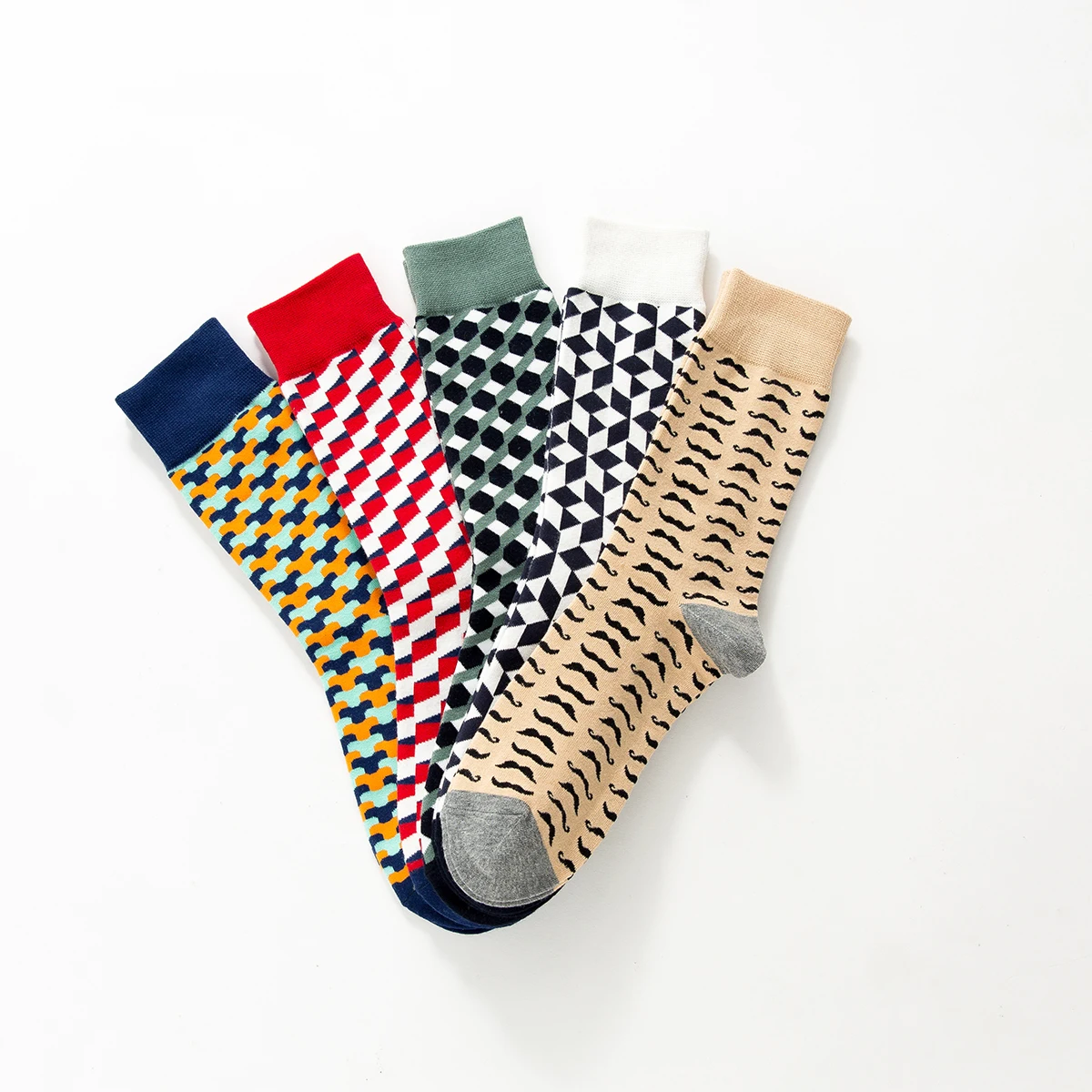 5 Pairs Fashion Colorful Men Combed Cotton Funny Socks Diamond Pattern Argyle Three-dimensional Tube Geometric Casual Men Socks