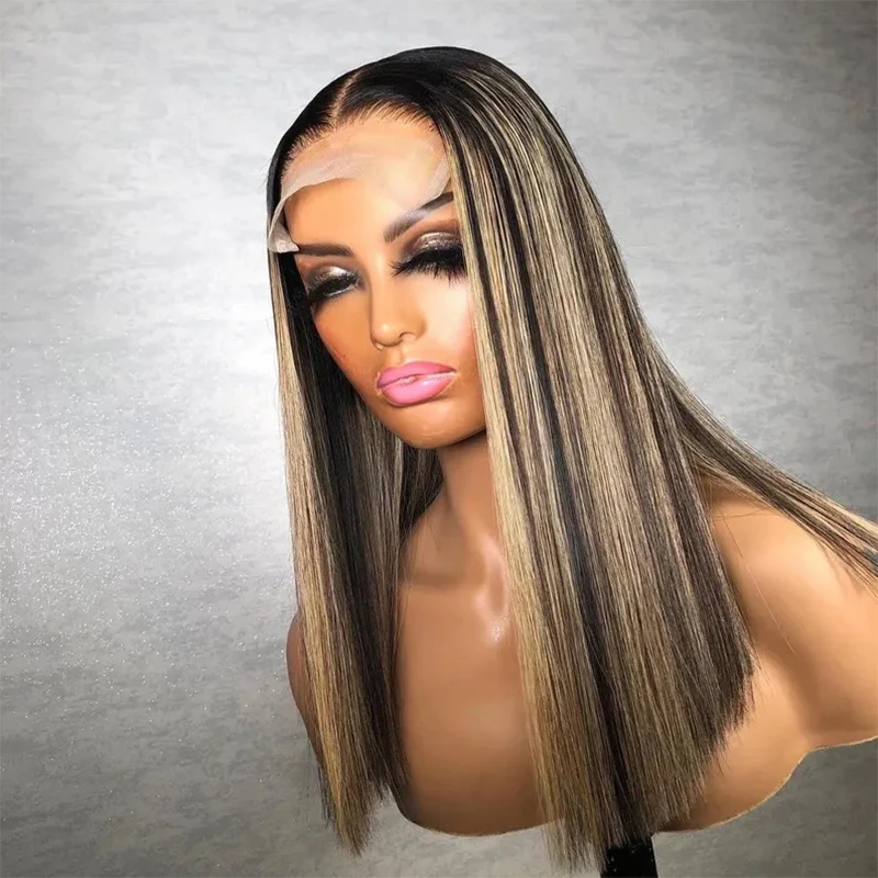 Highlighted Piano Straight Wig Blend Human Hair Lace Front Wig Pre Plucked Realistic Transparent Lace Wig Premium Synthetic Hair