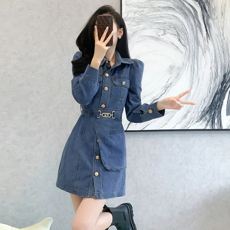 

Elegant Women Dress 2024 New Arrivals Denim Blue French Style Casual Cowboy Jeans Short Mini Puff Sleeve Dress Party Streetwear