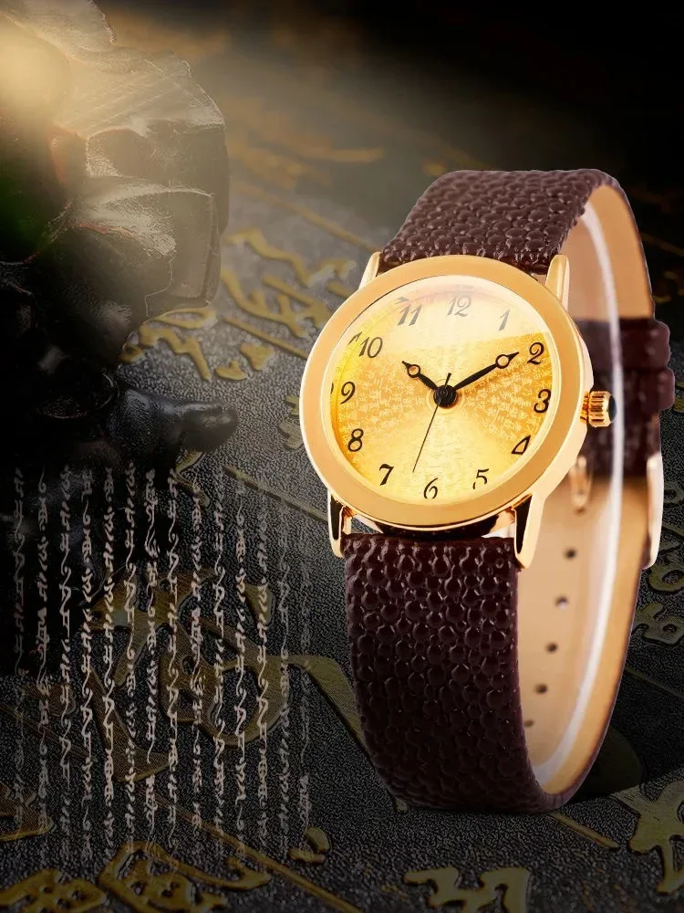 34mm Dial Men Women Quartz Watch Luxury Sutras Words Engraved Gold Clock Brown Reloj Vintage Male Ladies Orologio Man Wristwatch