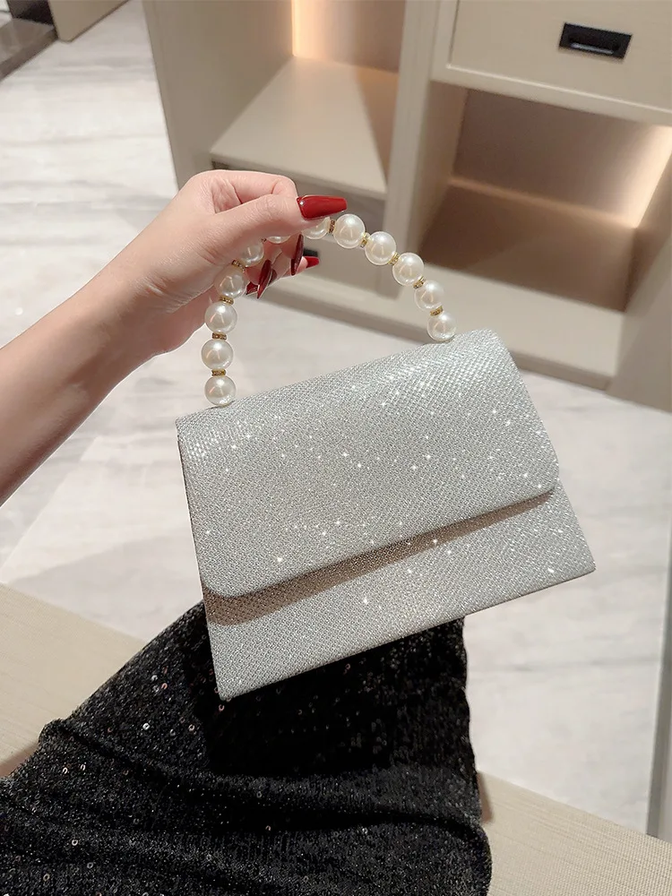 2023 Luxury Women Shiny Shoulder Bags Gold Crossbody Bags Fashion Pearl Chain Shell Clip Small Handbag Evening Clutch Bag