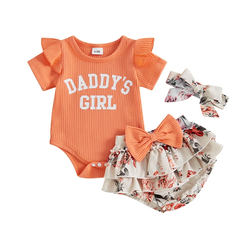 

0-18M Newborn Baby Girl Summer Outfit Ruffled Short Sleeve Letter Romper with Floral Tiered Ruffled Shorts and Headband