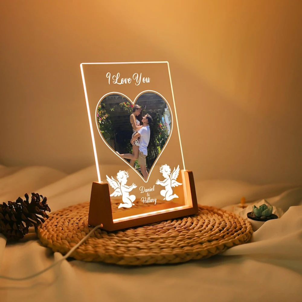 Custom Couple Name Text Photo Night Light Plaque Acrylic LED Light Sentimental Anniversary Birthday Gift For Her Keepsake
