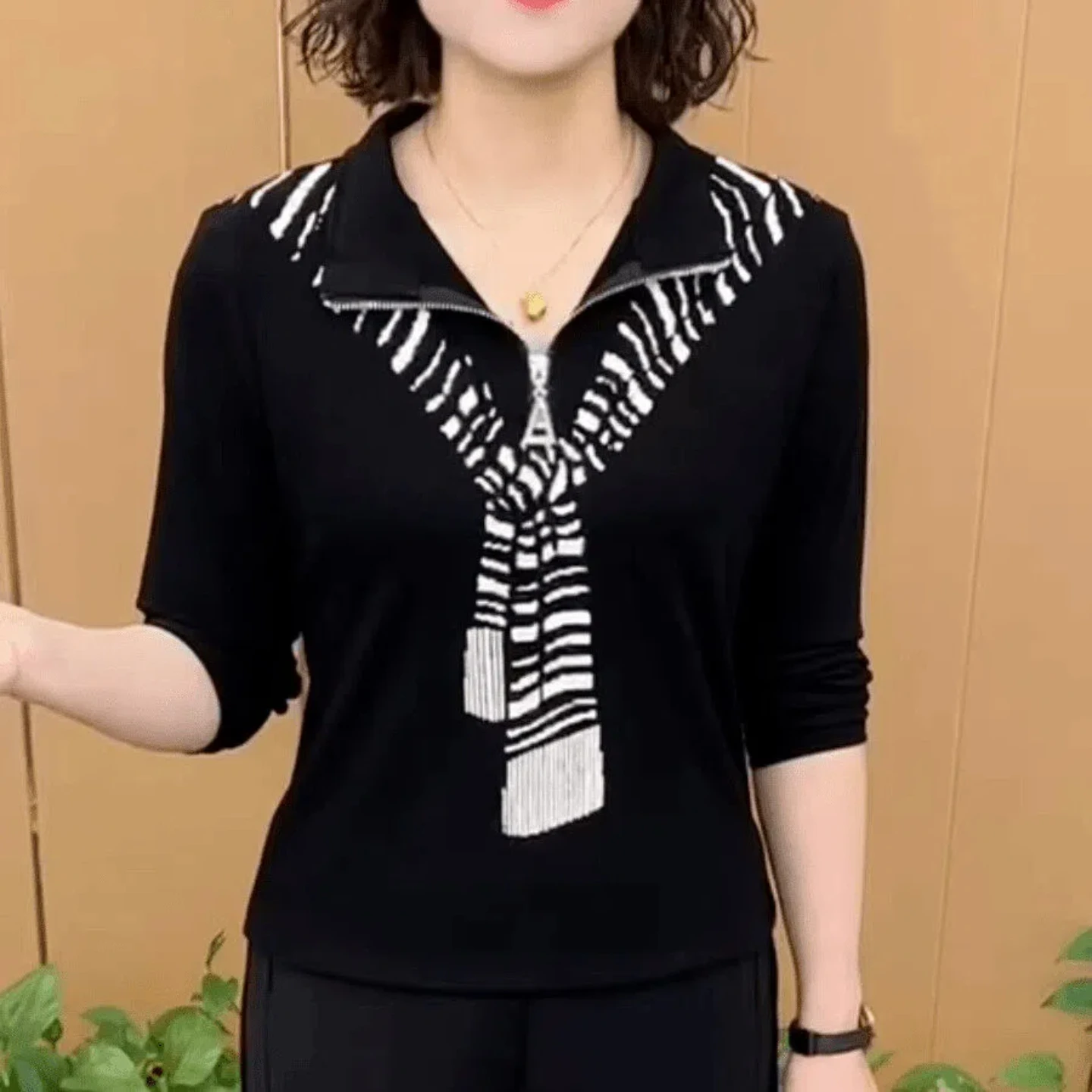 Fashionable Zipper Stand Collar Long Sleeve T Shirt Women's Slimming Mommy Anti Aging Shirt Korean Style Commute Wind Summer