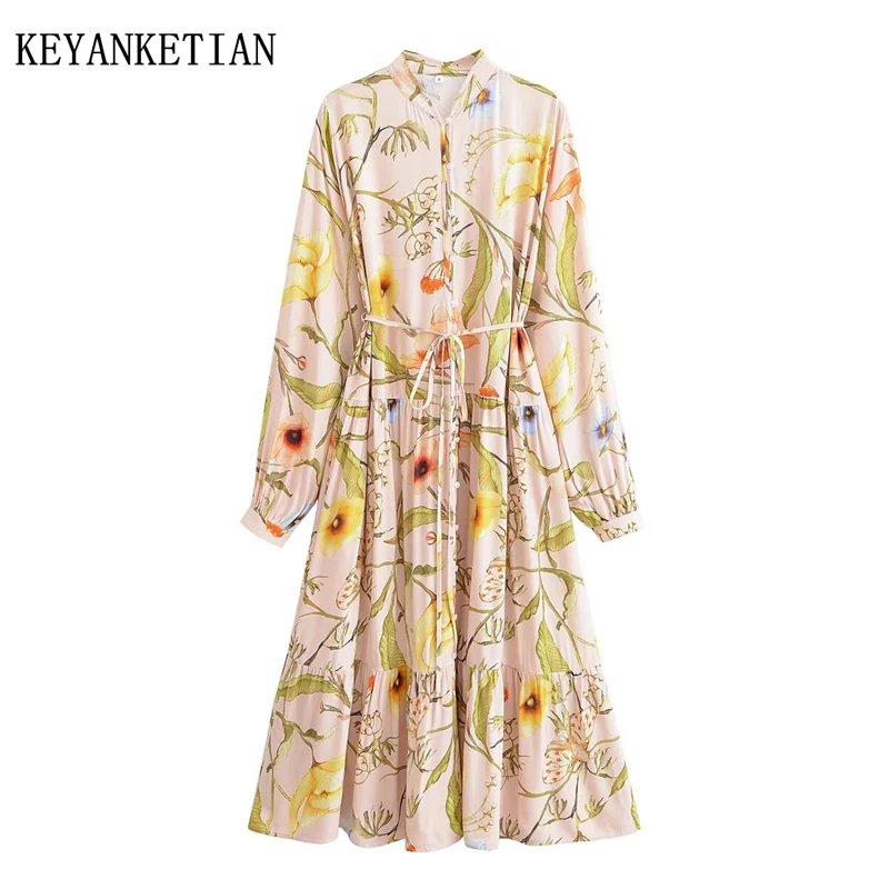 Keyanketian 2025 primavera/outono novo estilo pastoral flor impressão midi vestido rendas até único breasted vestido de viscose em camadas feminino