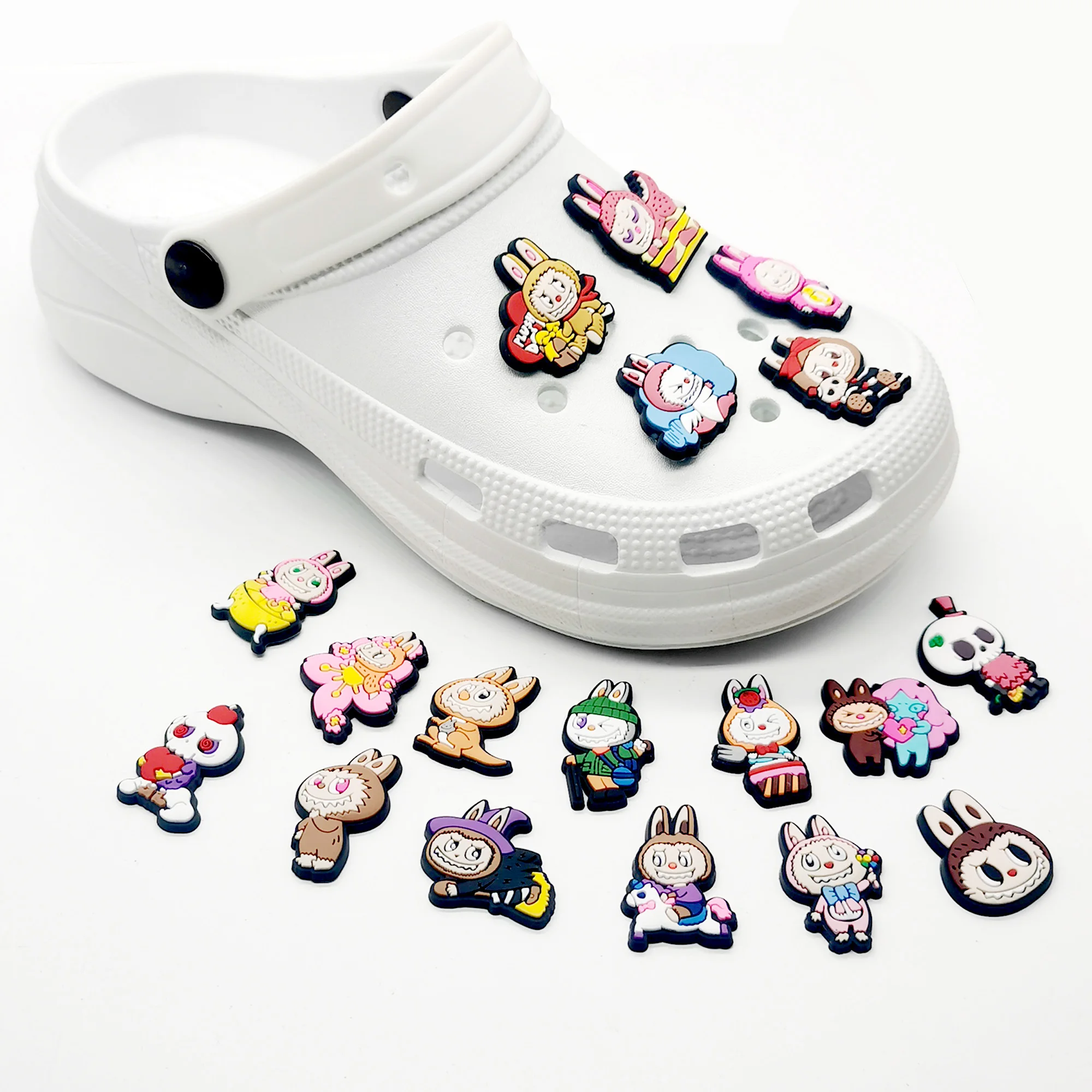 

MINISO 18pcs Labubu Series Shoe Charms for Clogs Bubble Slides Sandals PVC Shoe Decorations Buckle Accessories for X-mas Gifts