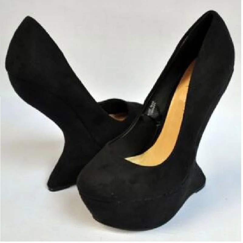 Strange Style Heel Pumps 15cm Heels Shallow Black Suede Round Toe High Heels Women Wedges Shoes Party Platform Sandals