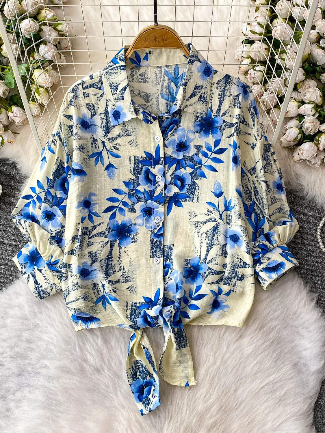 

Retro Print Turn-down Collar Lantern Sve Women's Summer Design Belt Loose Slimming ort Coat irt Korean Sle Long S...