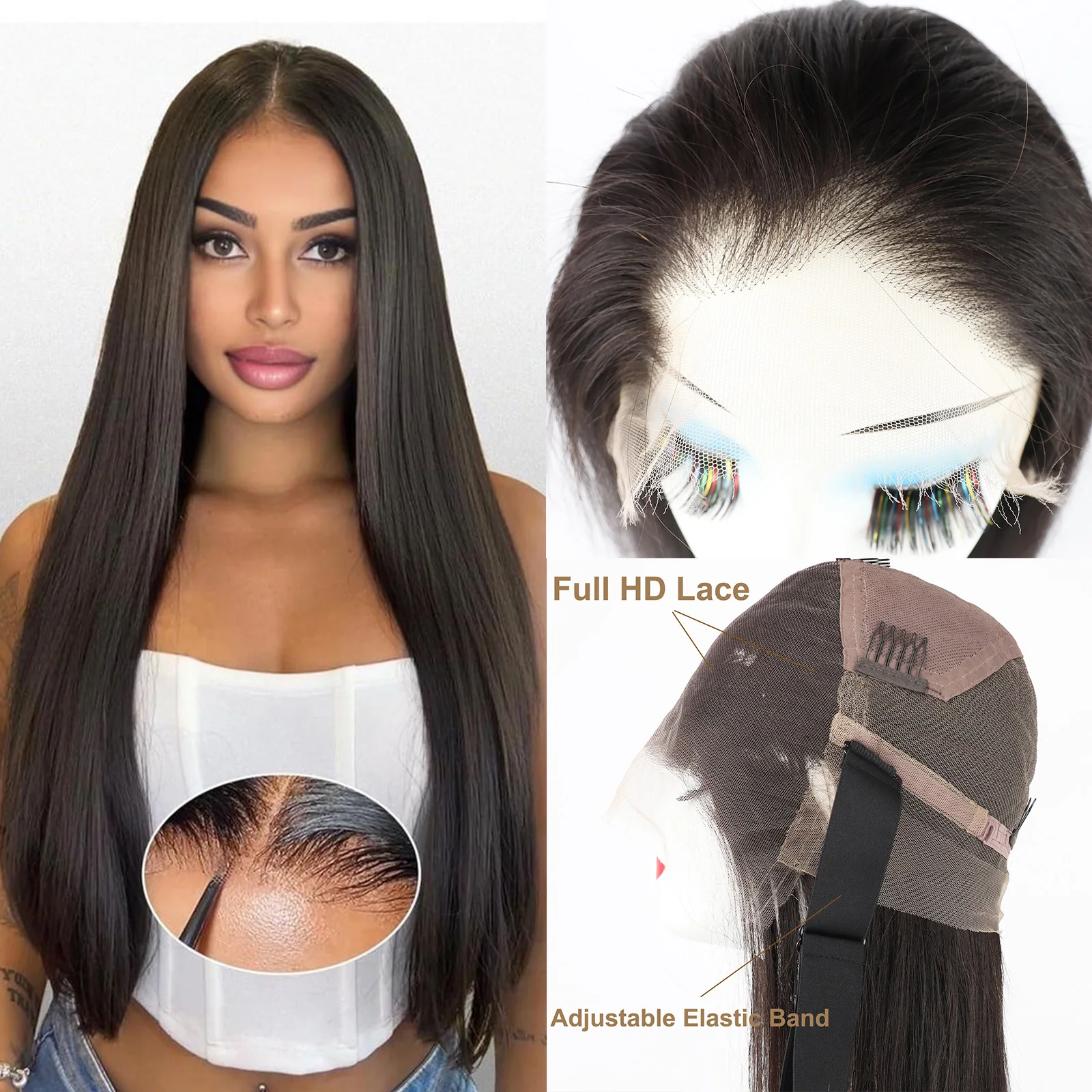 

Черный парик Full HD Lace с естественной линией роста волос, мягкий, дышащий, высокой плотности, с эластичной лентой, из натуральных волос, идеально прямой, для женщин.