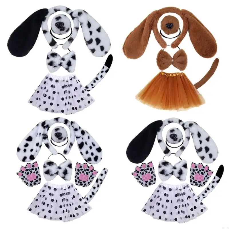 P88B Dalmatians Cosplay Costume for Kids Cartoon Animal Headband/Tail/Bowtie Halloween Party Stage Role Play Outfit