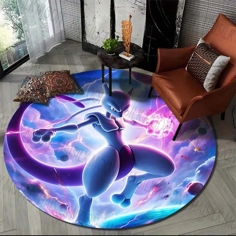 Pokemon Carpet Cartoon Anime Pikachu Mewtwo Family Round Rug Bedroom Living Room Lounge Rug Bedroom Bedside Floor Mat Decor