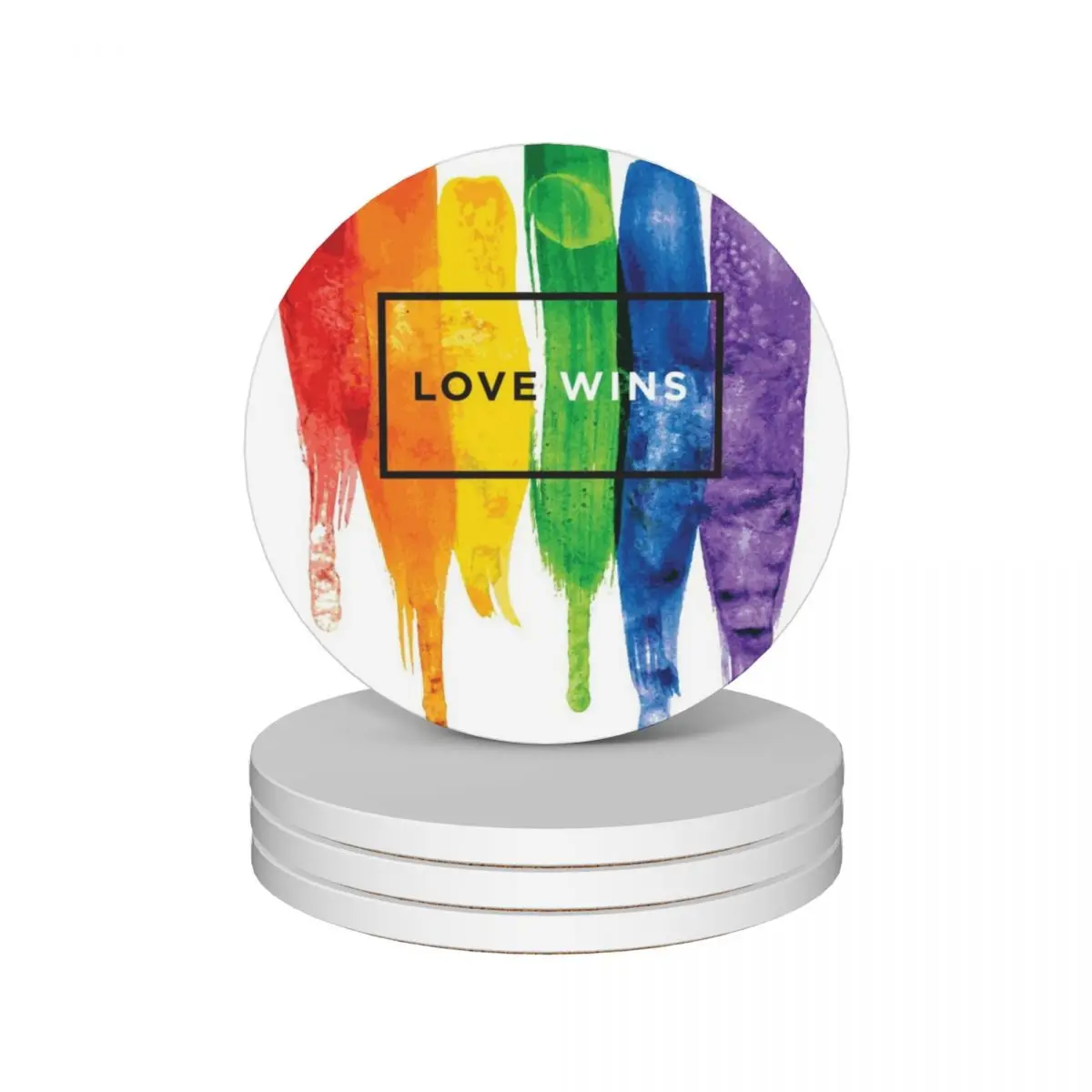 

Watercolor LGBT Love Wins Rainbow Paint Typographic Ceramic Coasters (Set of 4) for coffee cups set cute bulk for table Coasters