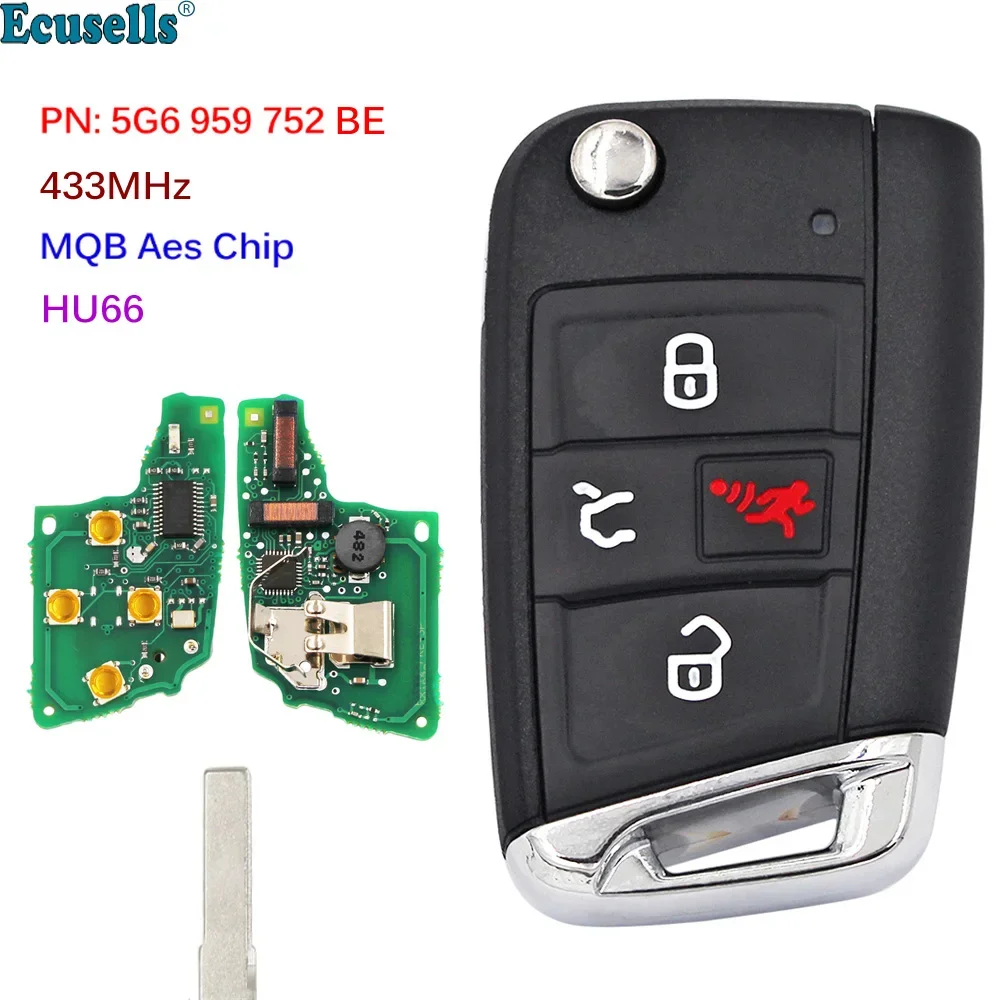 

4 Button ASK 433MHz Smart Remote Key for Volkswagen Golf GTI Jetta Tiguan MQB AES PN: 5G6 959 752 BM BE HU66 Comfort Access