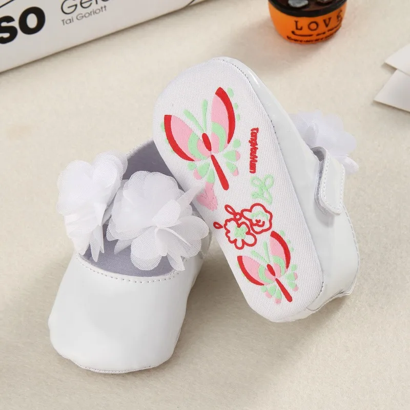 Girls\' shoes, newborn\'s first step shoes, baby princess shoes, soft soles, anti-slip shoes, PU flower leather shoes+hair band